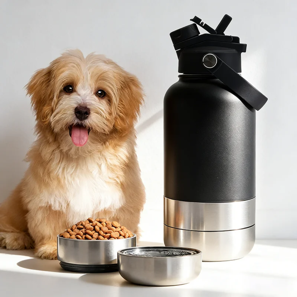 Gourde Chien 3-en-1 Gourdogg - Bouteille Isotherme 1L avec Gamelles Intégrées